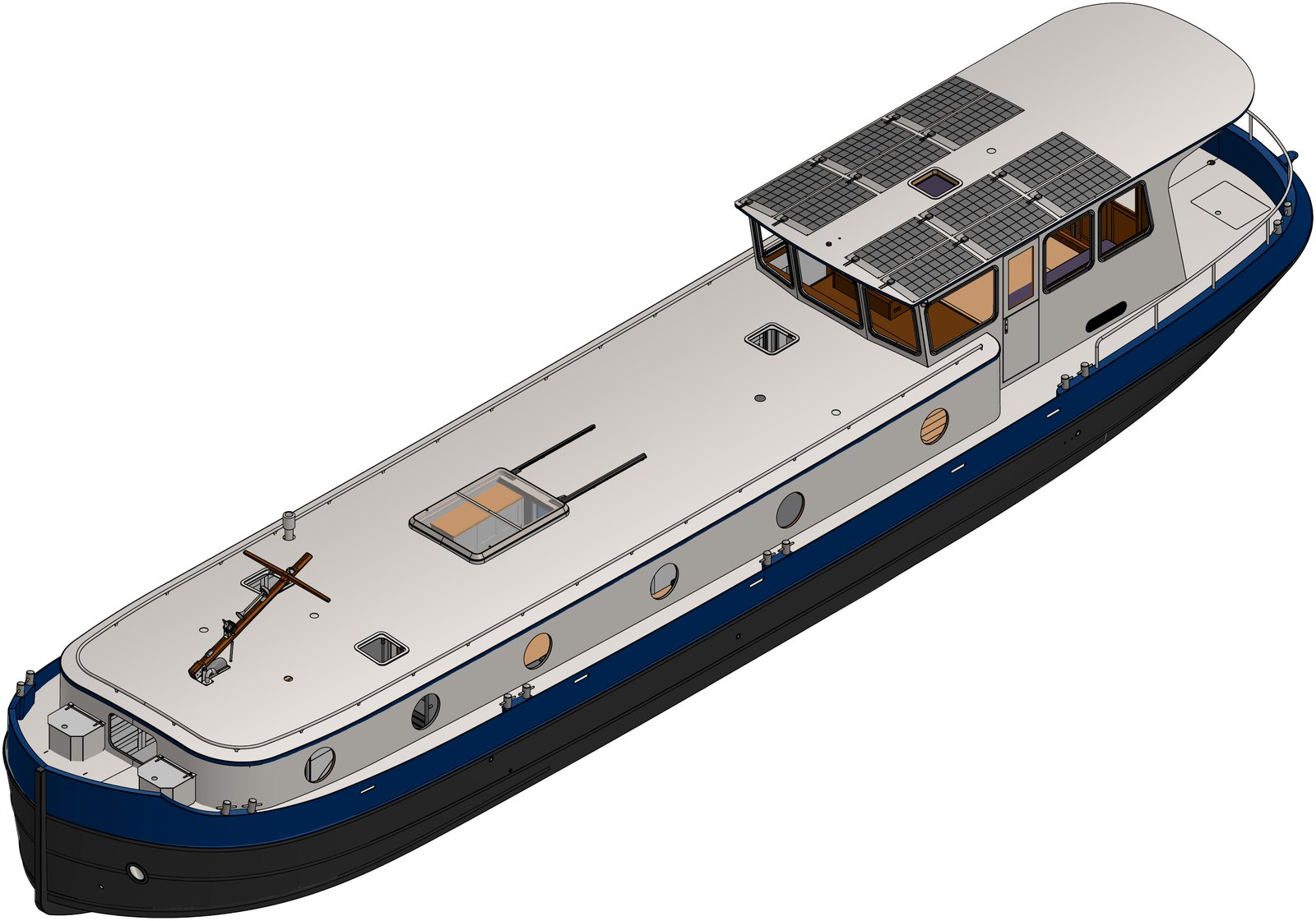 Drawing of Che Bella Vita from above and to one side, showing her blue hull, wheelhouse and decks