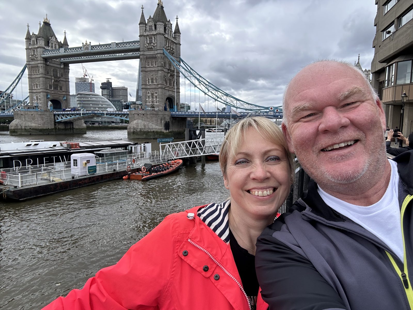 Mike and Kate at Tower Bridge Quay with Tower Bridge behind them