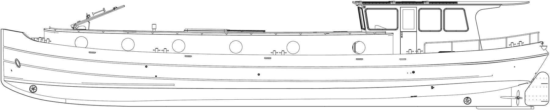 Side elevation drawing of Che Bella Vita from bow to rudder