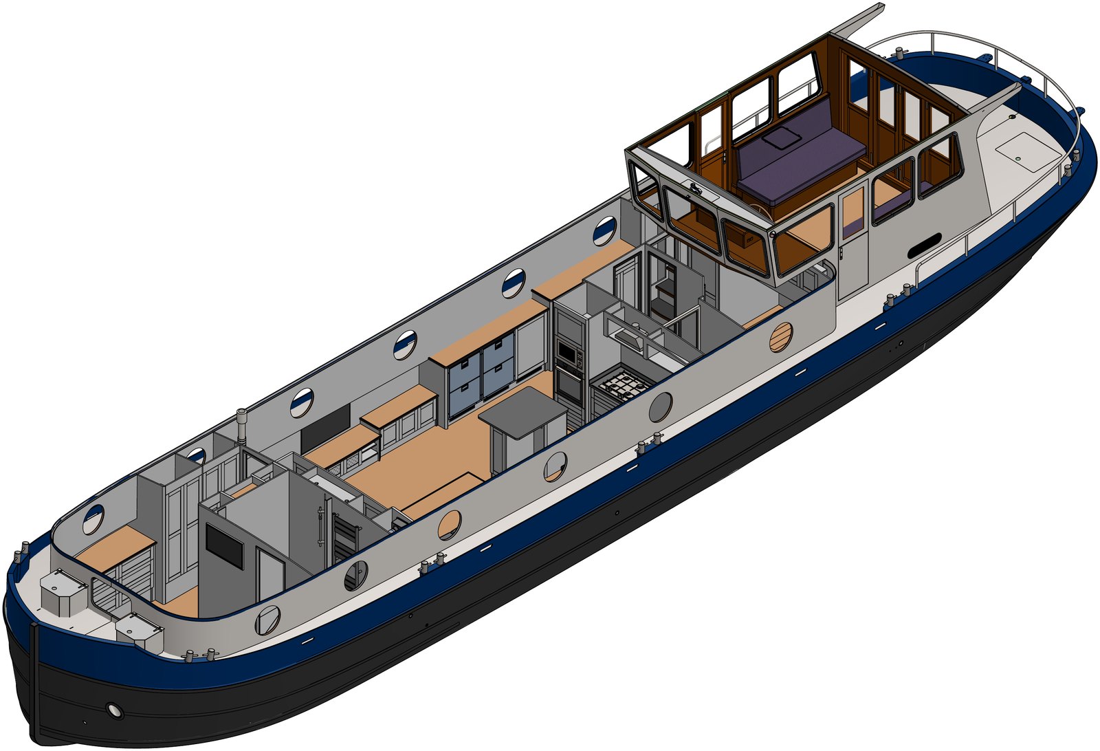 Cutaway drawing of Che Bella Vita with the roof removed, showing the cabins, saloon and galley below