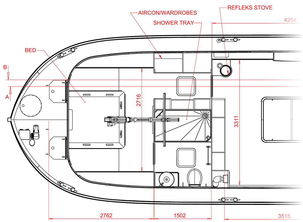 Layout drawing of the bow end of Che Bella Vita showing the master bed and the private shower room behind it